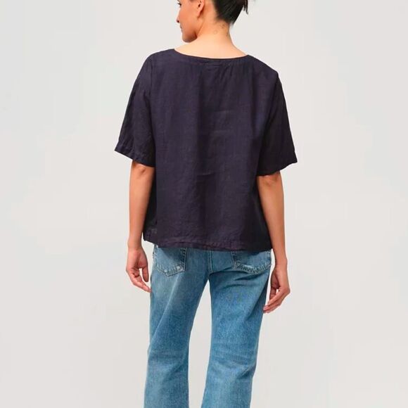 ARMEN Linen Overdyed Boat Neck Pullover Shirt in Midnight Size 4/6 - Picture 2 of 9